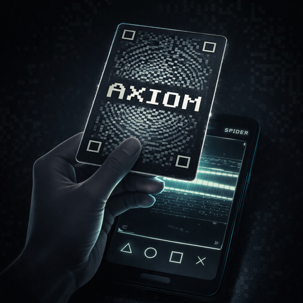 AXIOM card scanning ritual - hand holding card above smartphone screen with Spider app interface